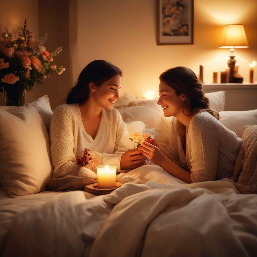 A cozy scene depicting a couple sharing a heartfelt moment, surrounded by warm candlelight and soft pillows. Include elements of personal touches like handwritten notes and a small bouquet of flowers. The atmosphere should exude warmth and intimacy, with a subtle focus on their smiling faces. soft lighting, romantic ambiance. super-realistic. warm colors.