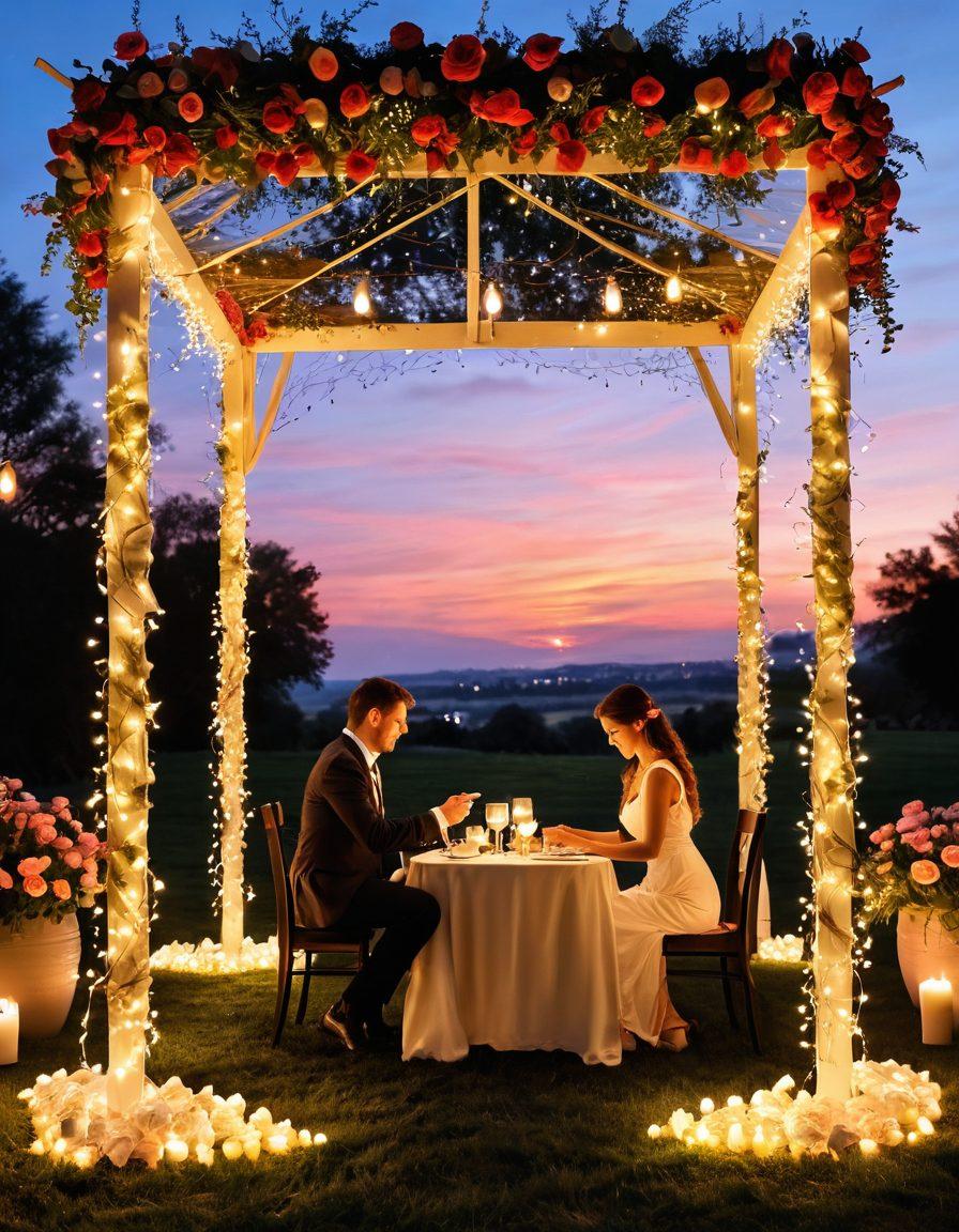 A soft, dreamy scene of two people sharing a heartfelt moment under a canopy of twinkling fairy lights, surrounded by delicate rose petals. In the background, a picturesque sunset casts a warm glow over a romantic dinner setup, complete with candlelight and elegant table settings. Symbolic elements like intertwined hearts and handwritten love letters float gently in the air, representing deep emotional connections. pastel colors. impressionist painting.