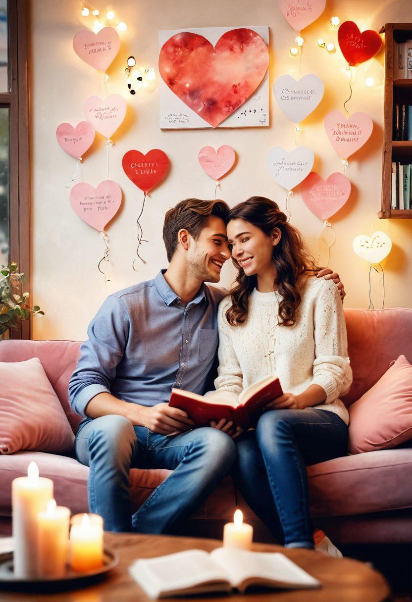 A couple sitting together on a cozy couch, surrounded by heart-shaped decorations and soft romantic lighting. They are smiling and holding hands, with floating speech bubbles displaying affectionate words in various languages. A cozy atmosphere with books and scented candles around them, symbolizing intimacy and connection. watercolor style. warm colors. soft focus.